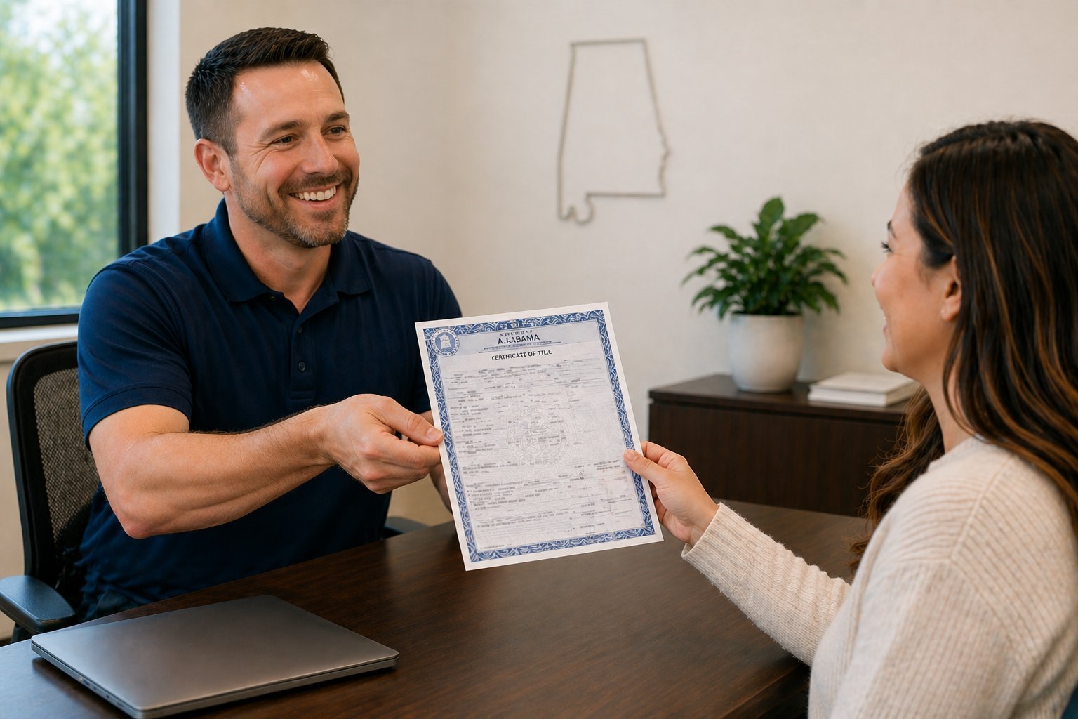 Skip The Line title services professional handing Alabama Certificate of Title to client